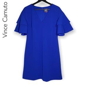 Vince Camuto Blue Scuba Dress Ruffle Flutter Sleeves Size 6